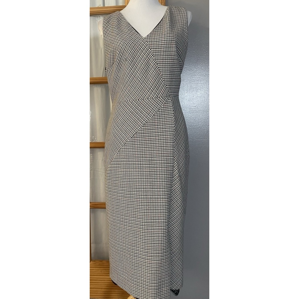 Emerson Rose Plaid Midi Dress Sz 14 Beige Black Lace Trim Slit Career Party City